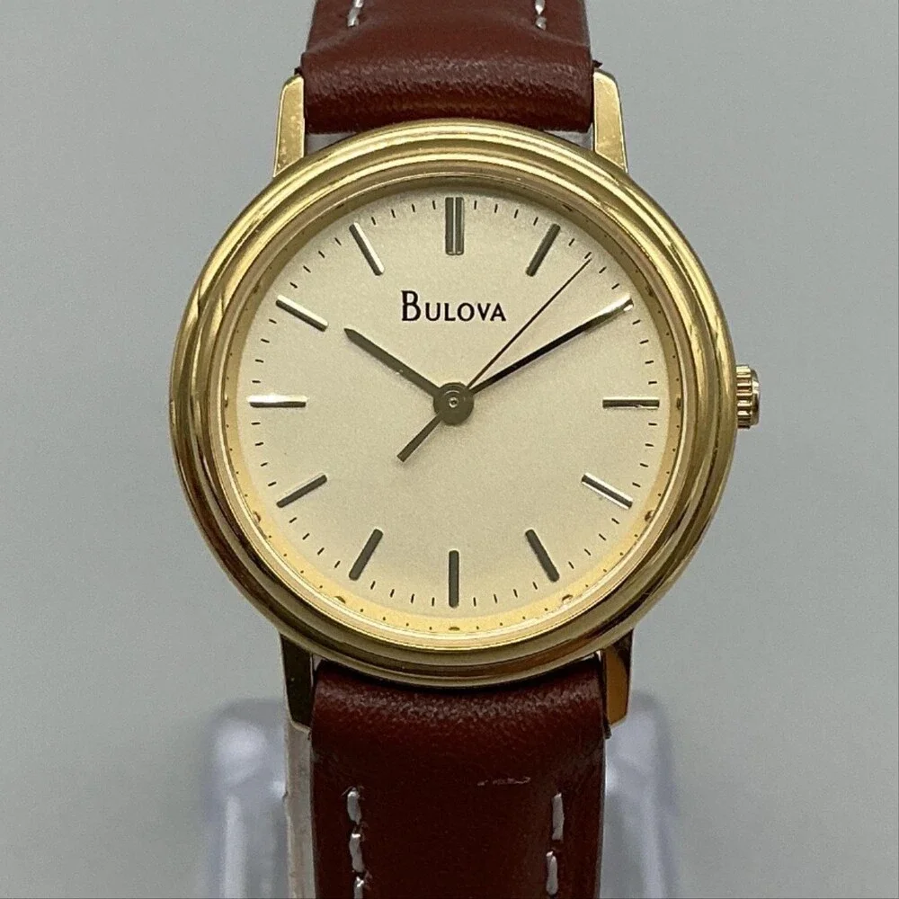 Bulova Womens Watch 26mm Cream Dial Brown Leather Strap Gold Tone New Battery
